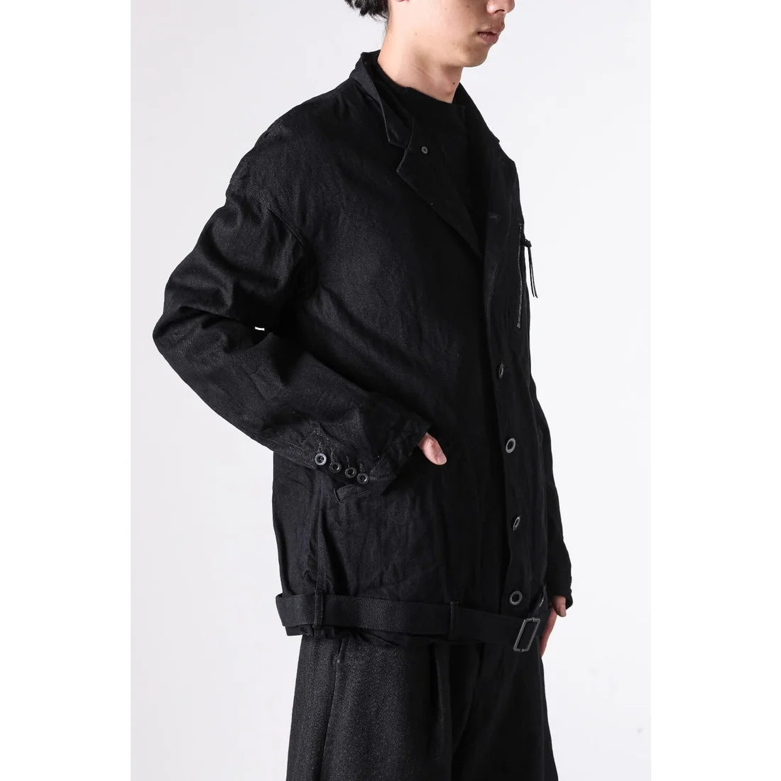 BLACK DENIM BELTED CROPPED JACKET