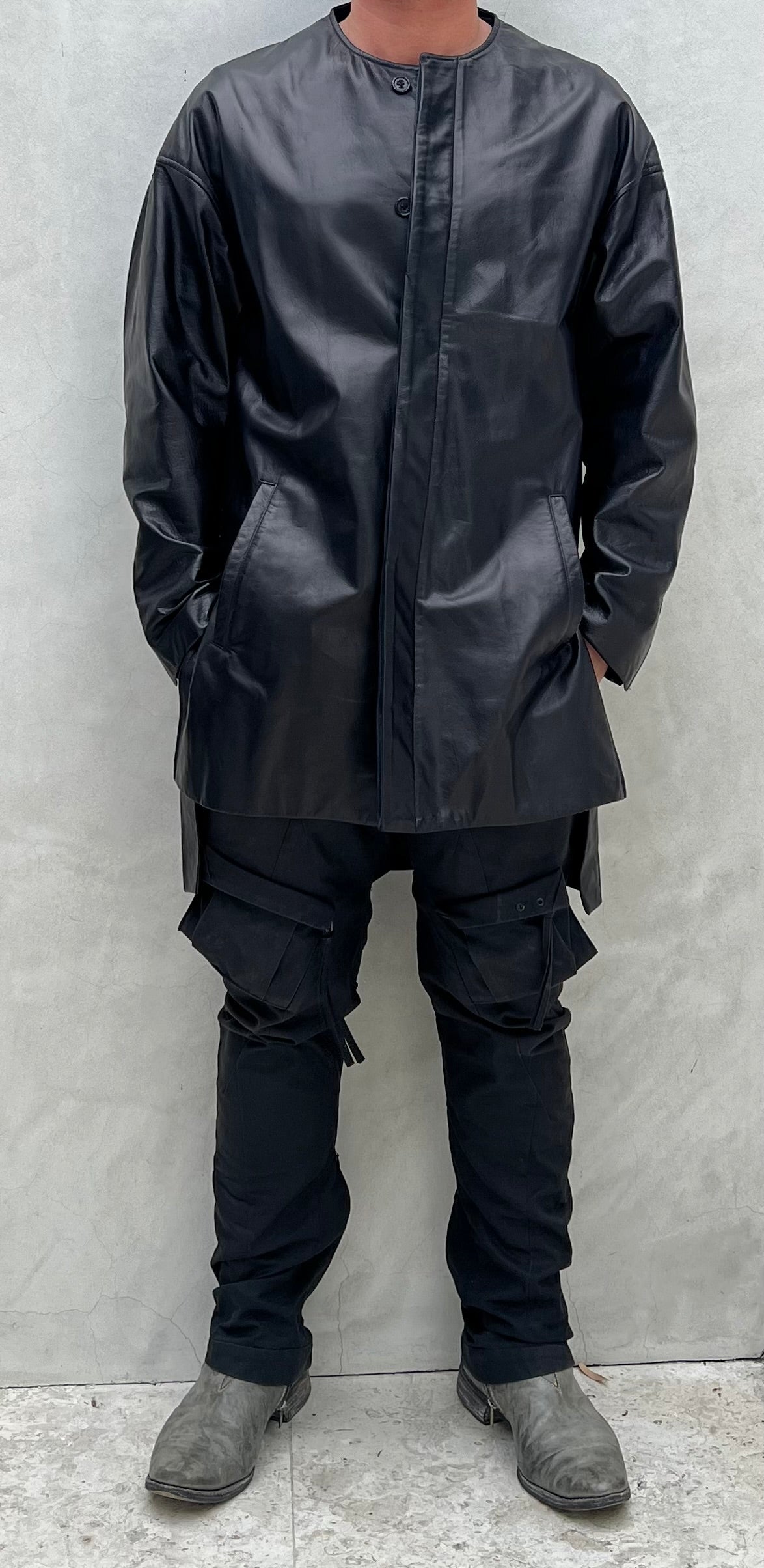 Black Japanese Steer Leather Collarless Car Coat