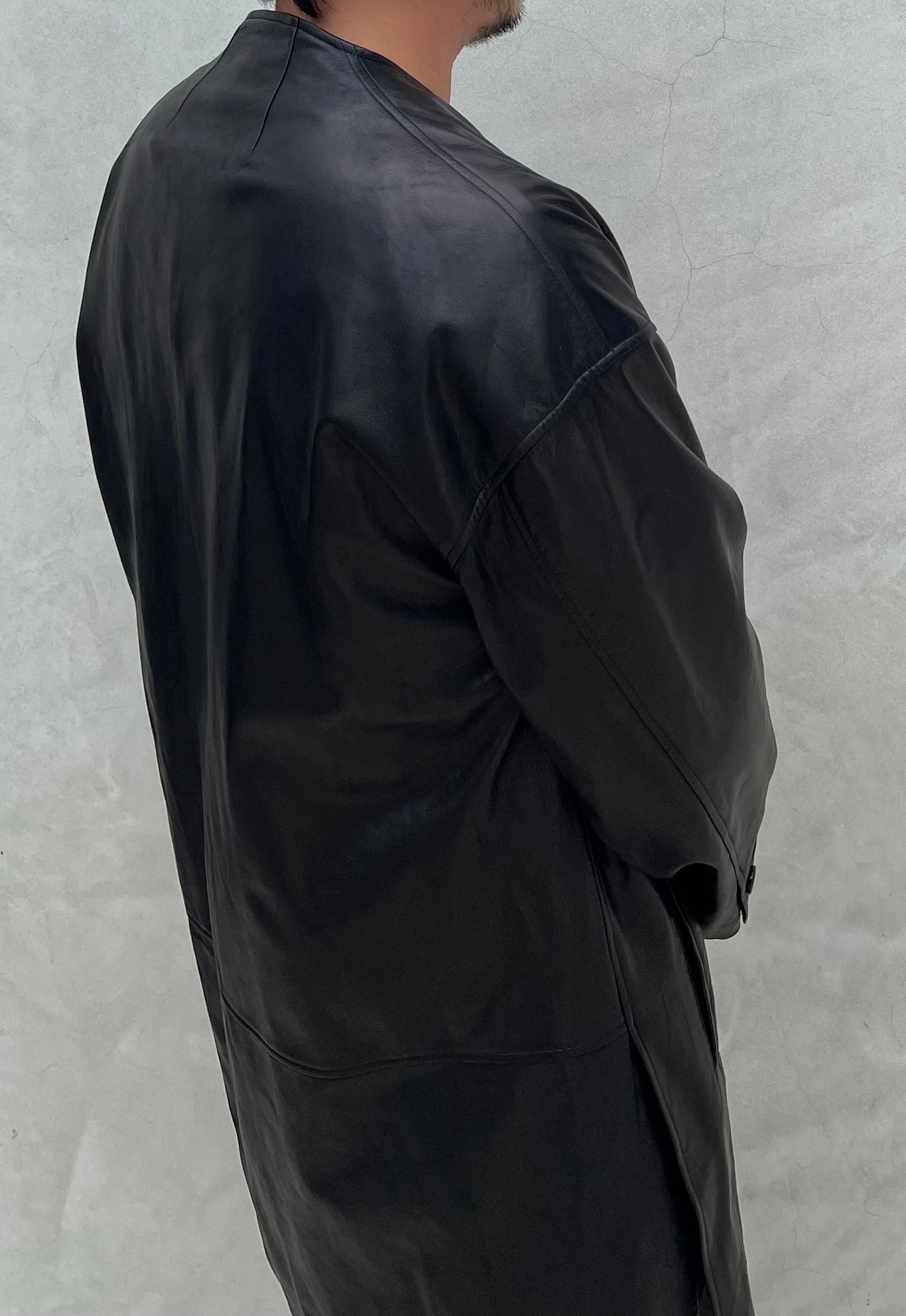 Black Japanese Steer Leather Collarless Car Coat