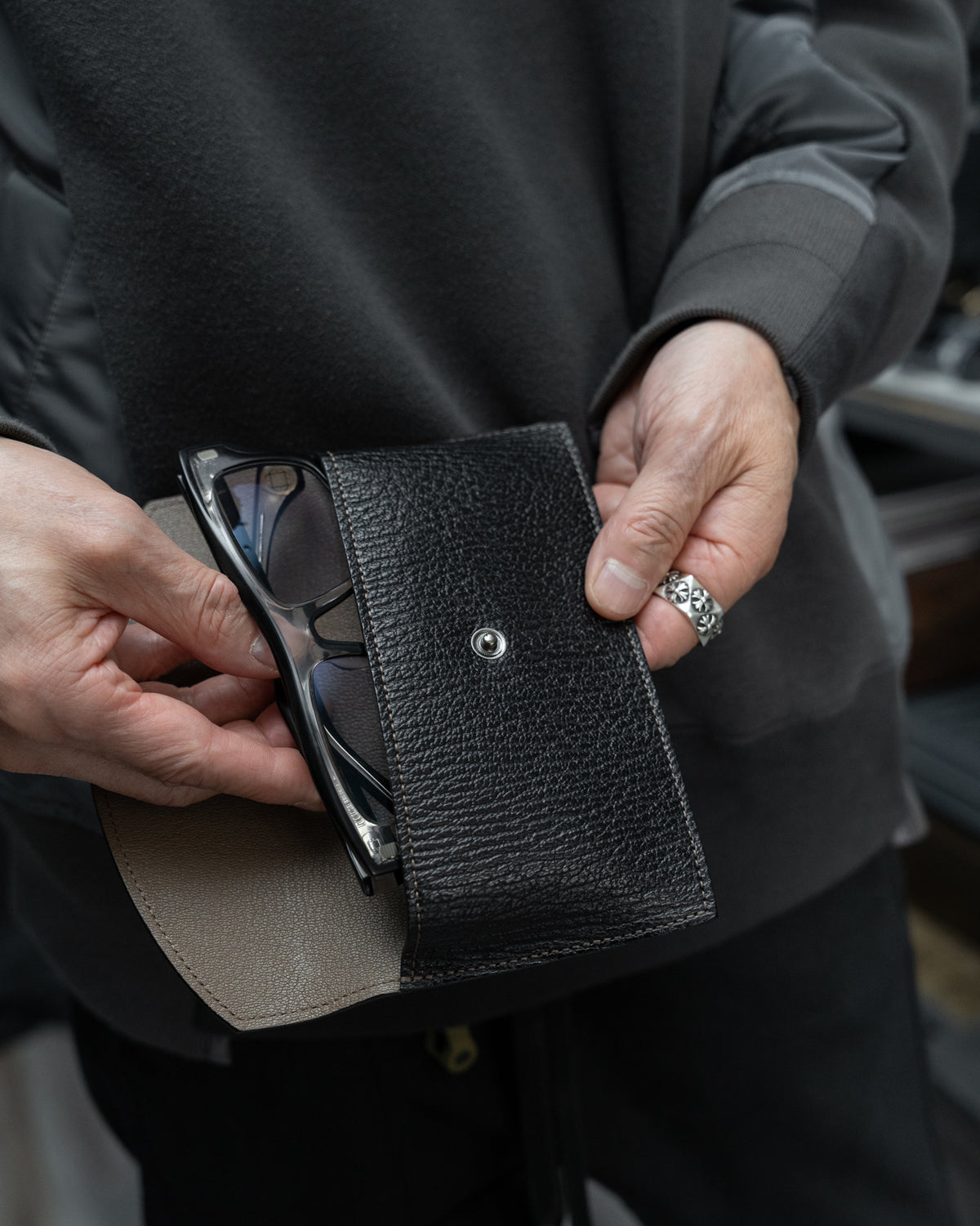 Black Italian Leather Eyewear Snap Case