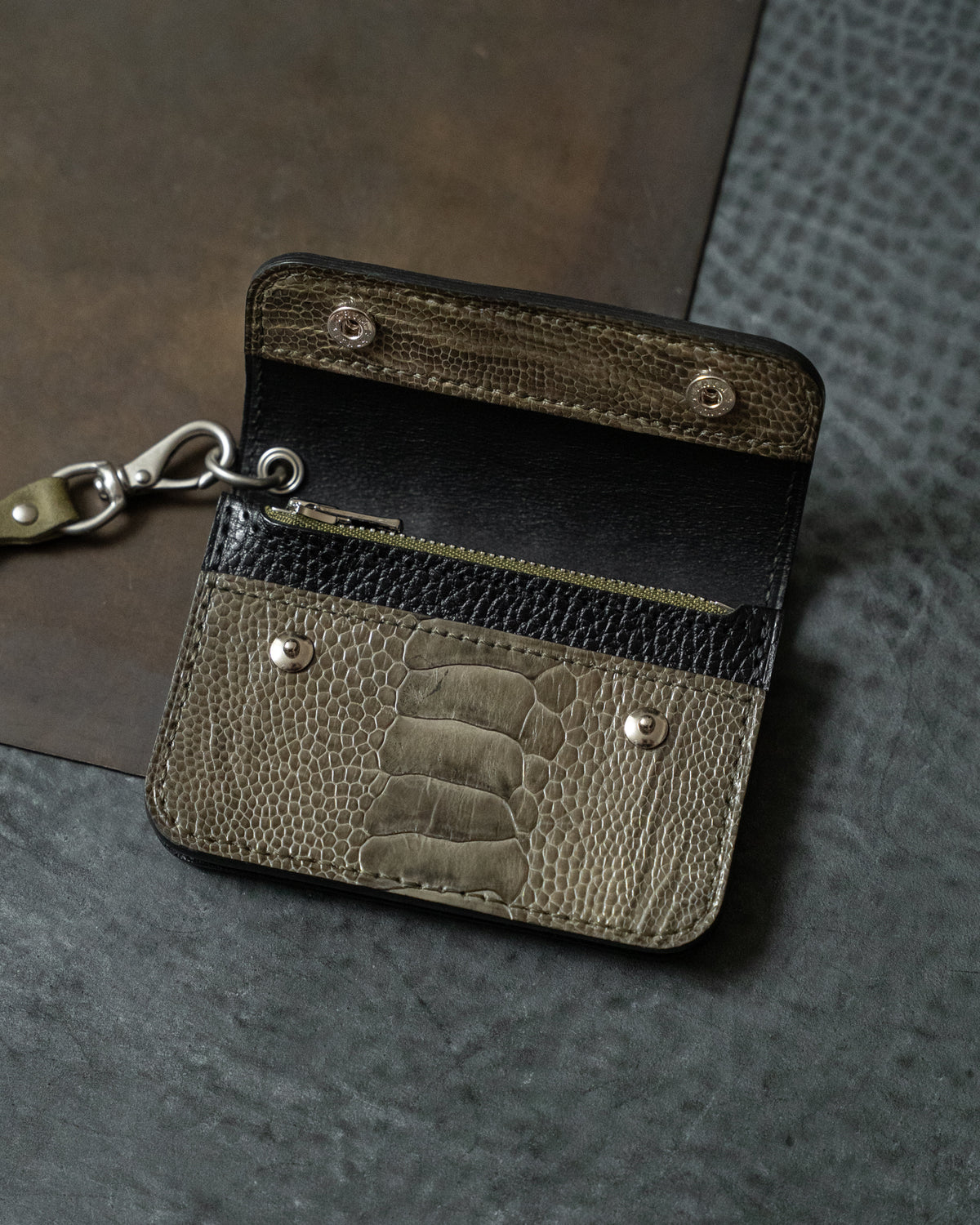 Olive Ostrich Leg Nexo Biker Wallet