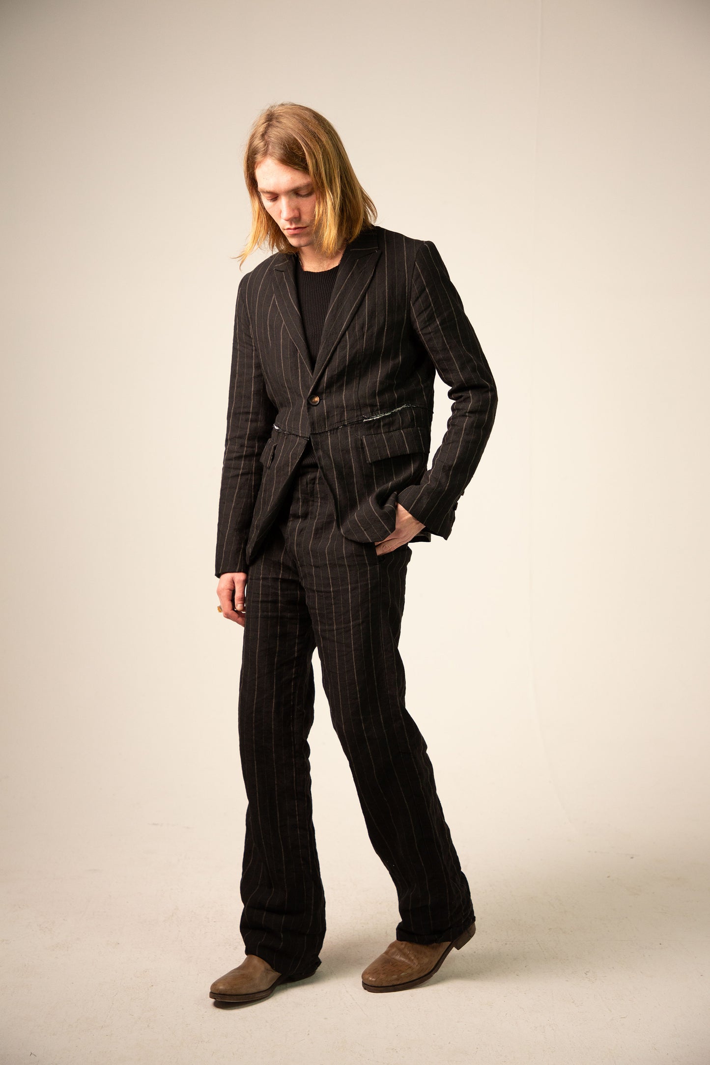 Off Black Linen Relaxed Straight Leg Trousers