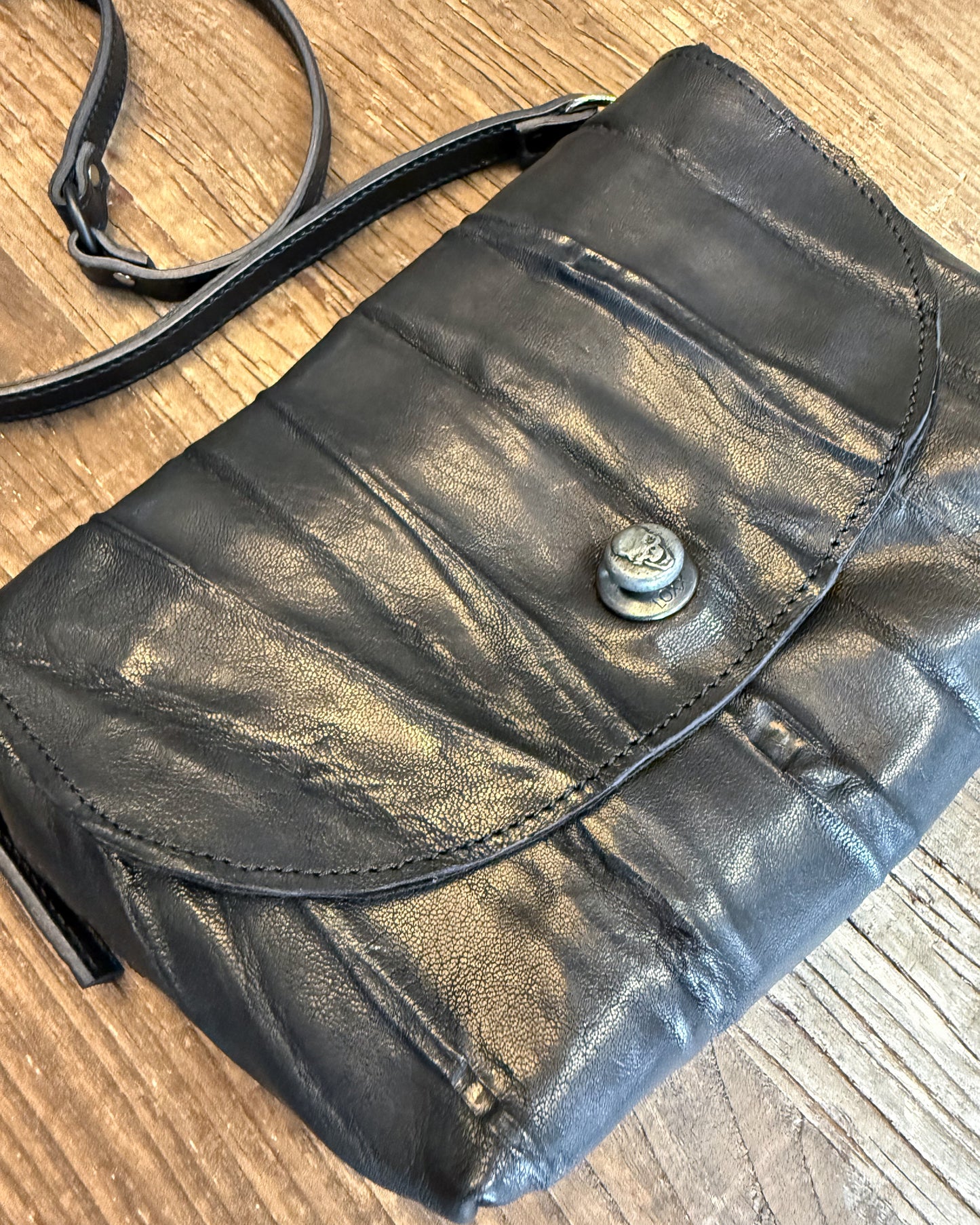 Black Creased Lamb Leather Mini Messenger Bag