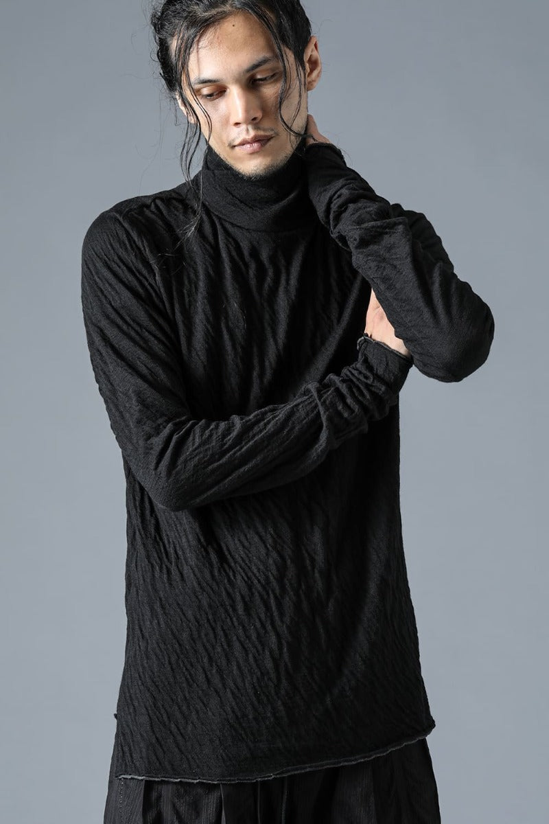 Black Wool And Cotton Double Face High Neck Long Sleeve T-Shirt