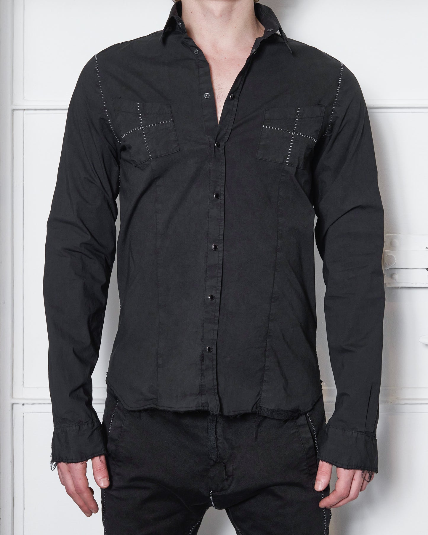 Black Wash Scarstitch Cotton Snap Button Shirt
