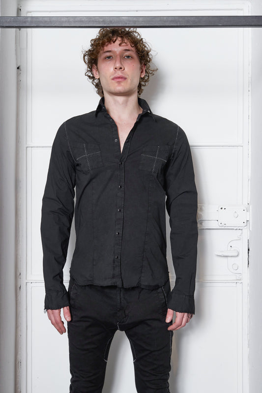 Black Wash Scarstitch Cotton Snap Button Shirt