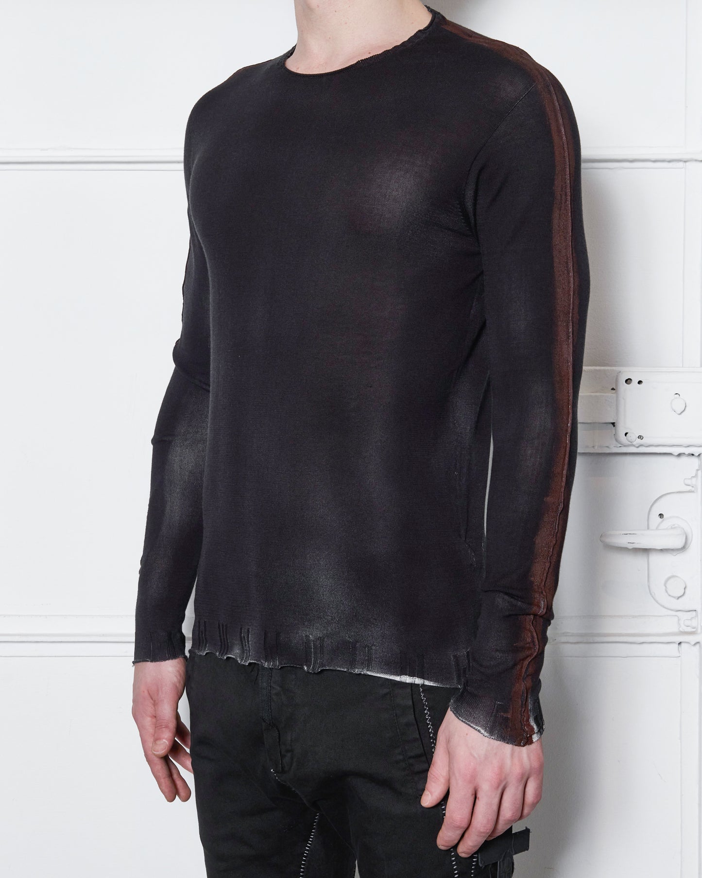 Black Wash Hand Painted Brown Seams Sweater