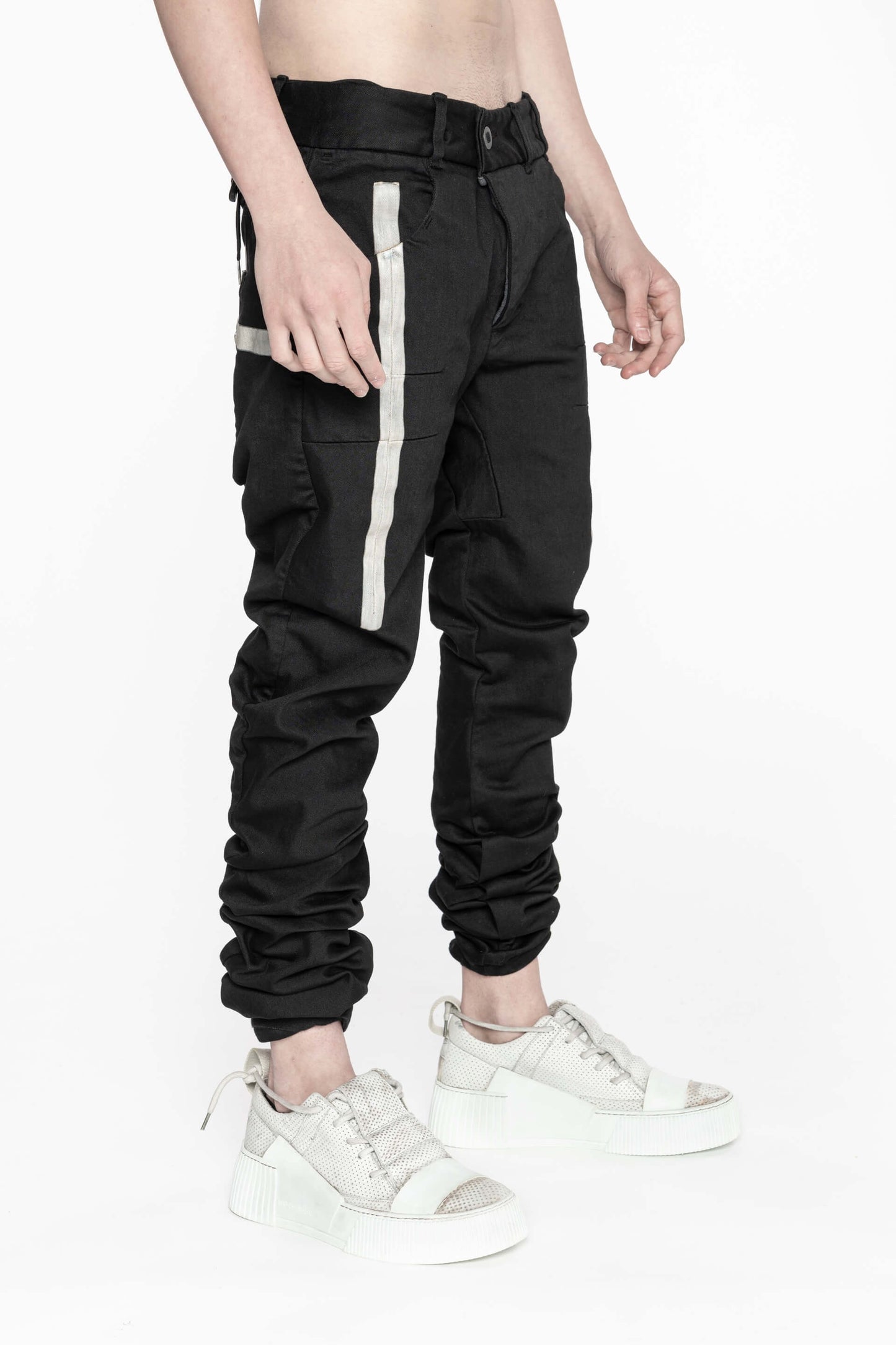 Black with White Taped Seams Object Dyed Denim Pants P13 Tight Fit