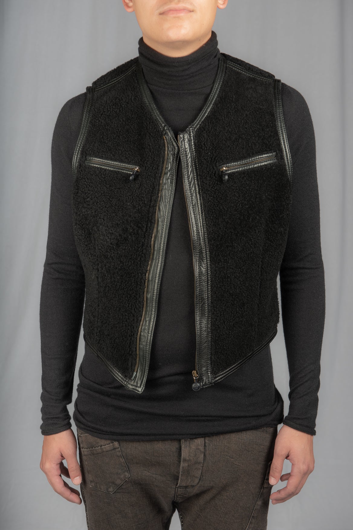 Black Shearling Zipper Vest by Gianni Versace
