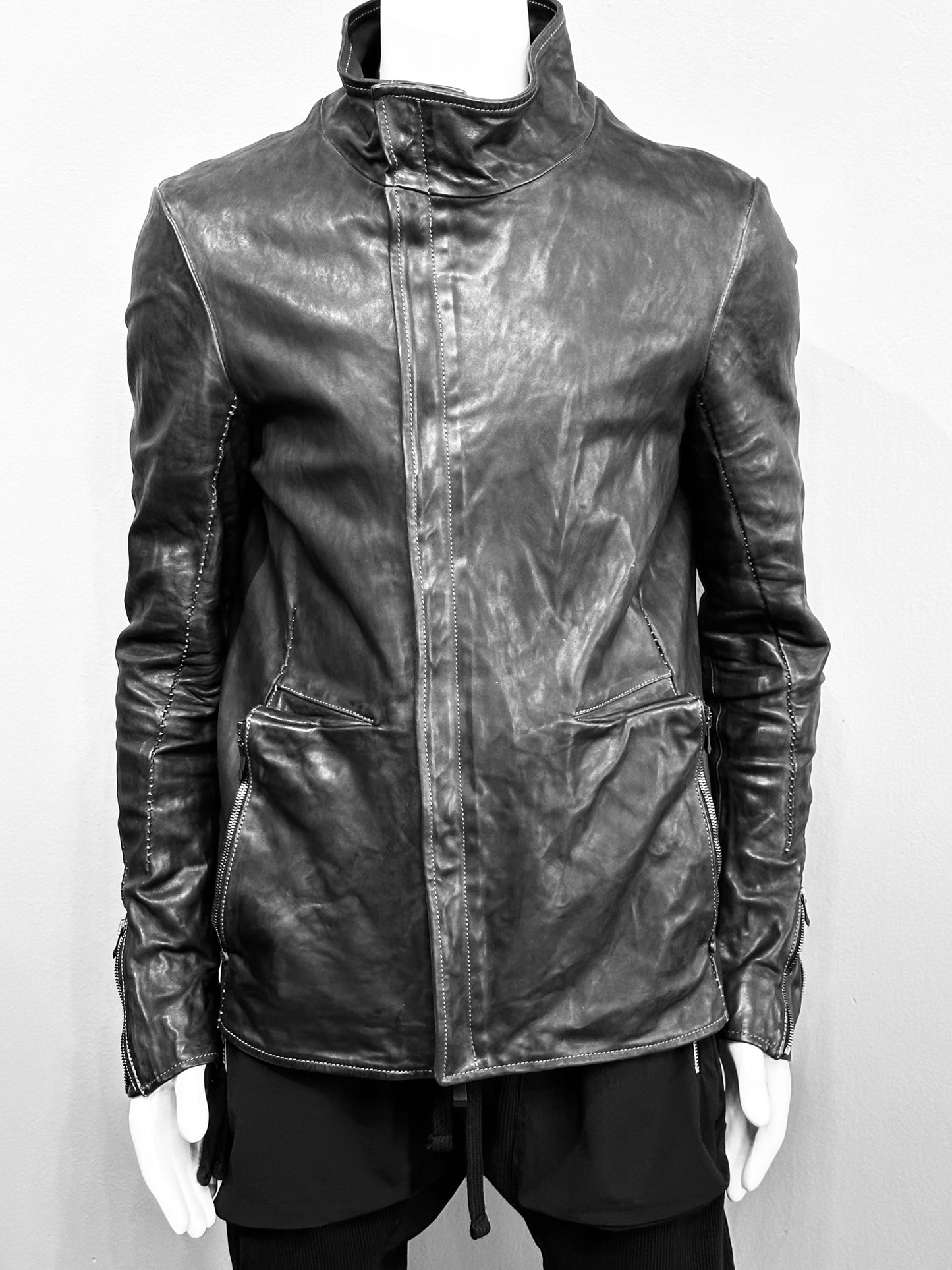 Black High Neck Raglan Darts Shoulder Horse Leather Jacket