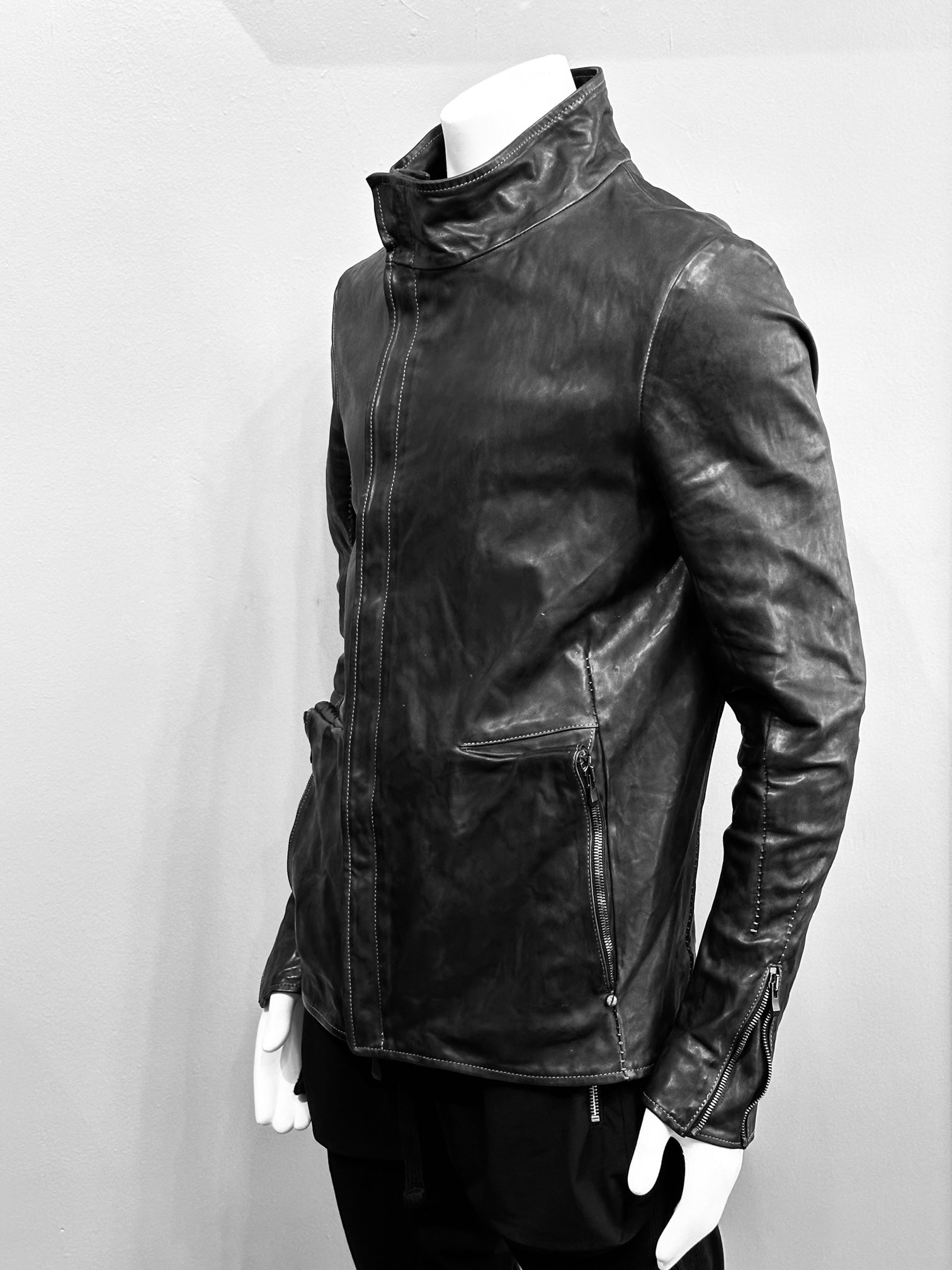 Black High Neck Raglan Darts Shoulder Horse Leather Jacket