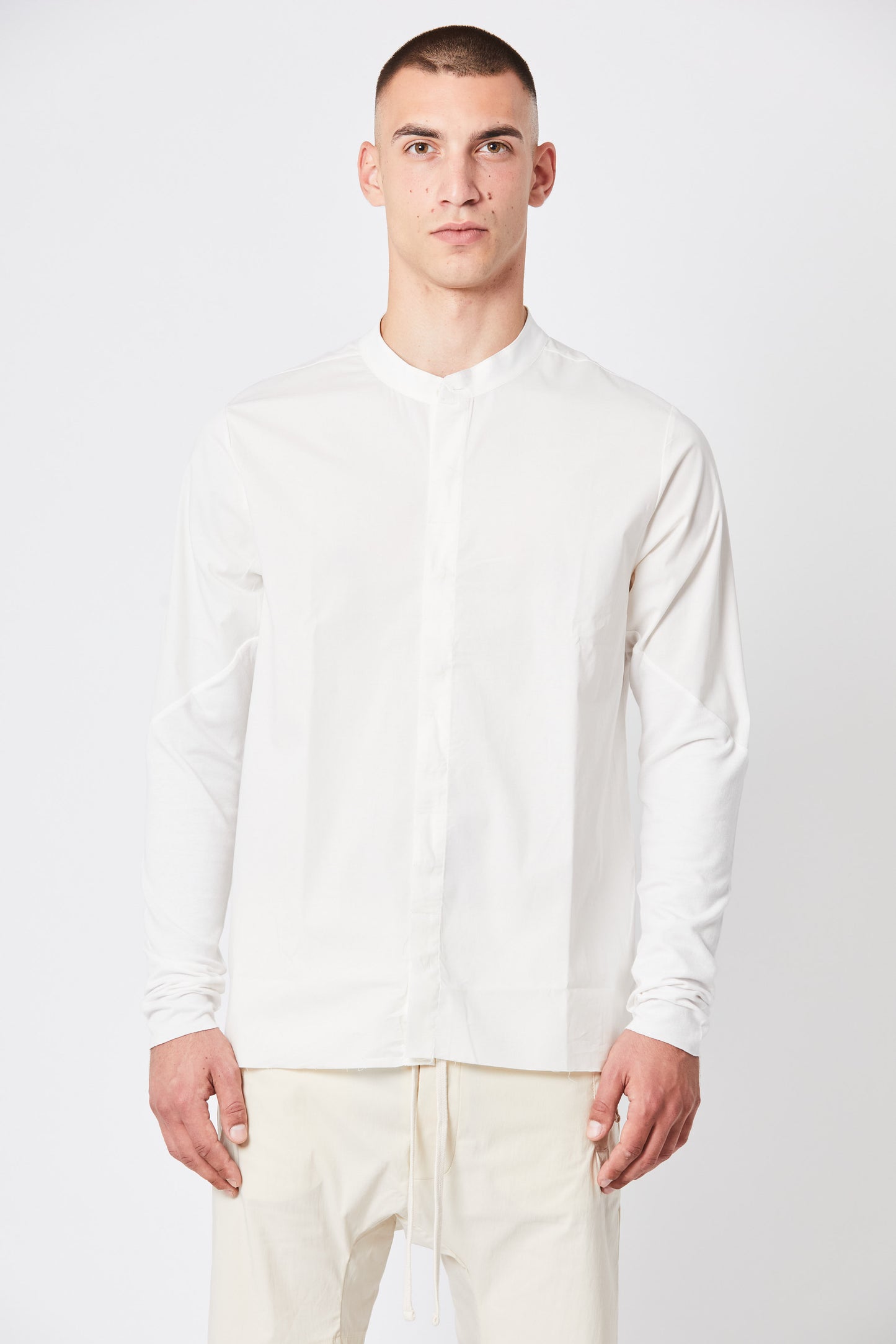 Off White Collarless Long Sleeve Cotton Shirt MH 135