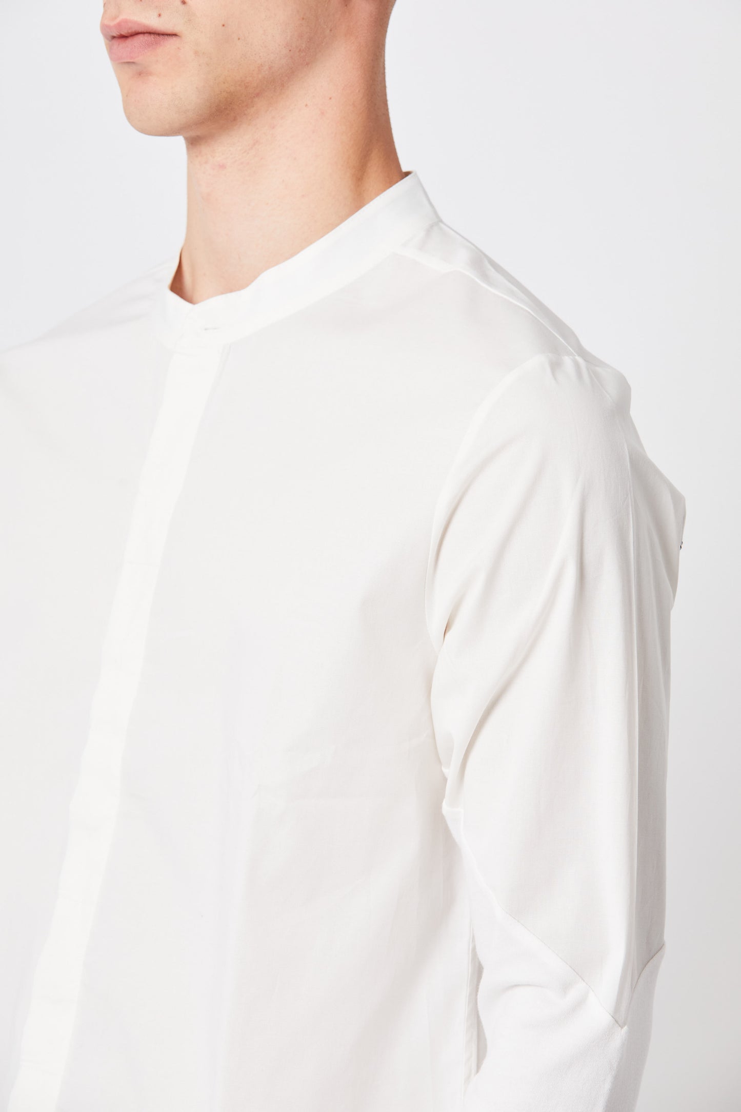 Off White Collarless Long Sleeve Cotton Shirt MH 135