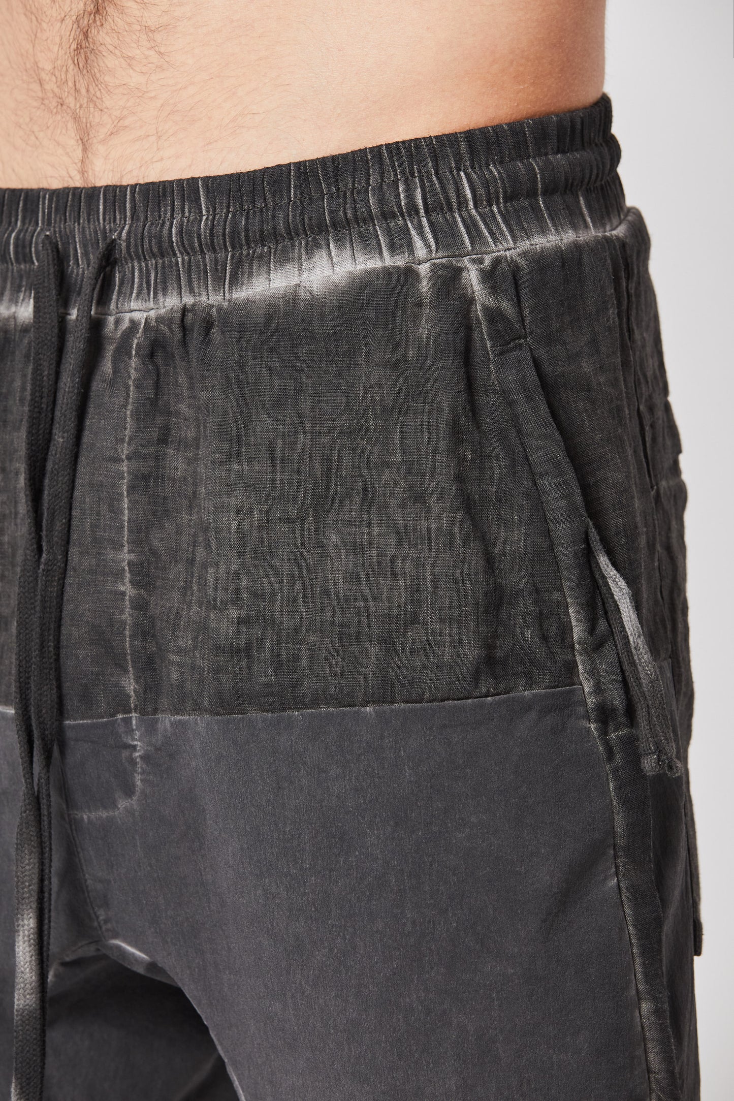 Black Oil Linen Panel Stretch Nylon Drop Crotch Shorts MST 351