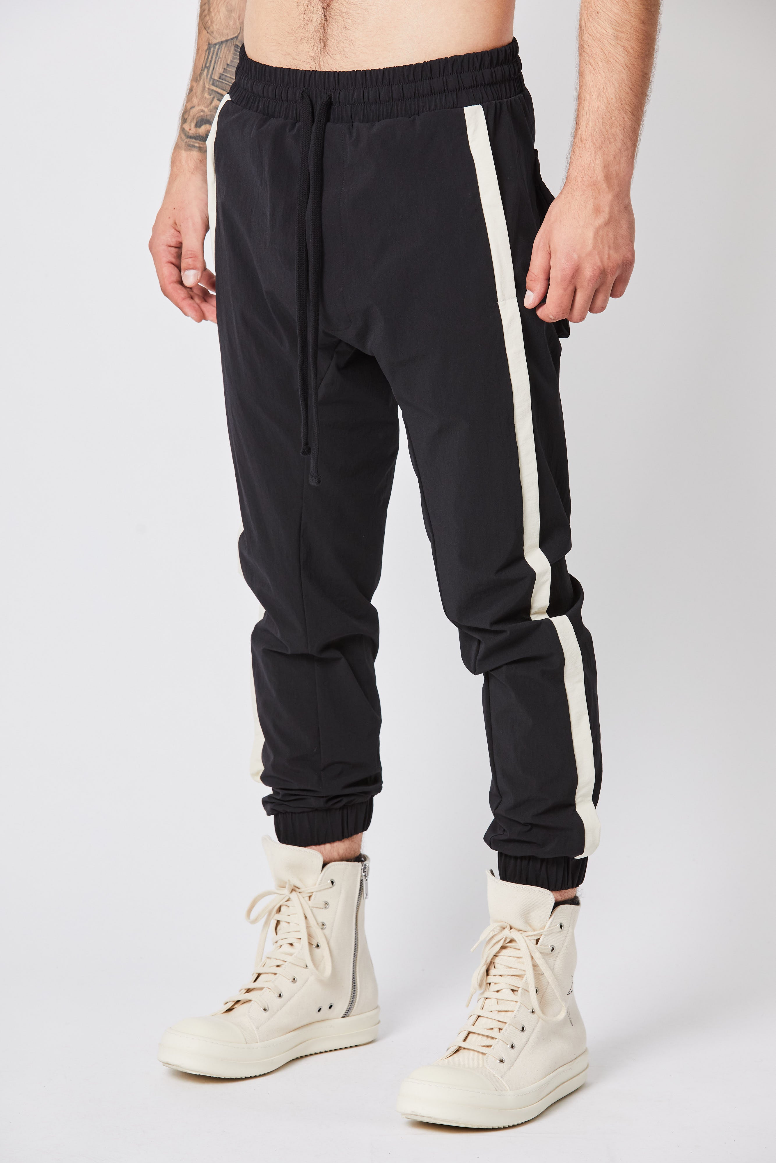 Black with Contrast Side Tape Stretch Nylon Drop Crotch Joggers