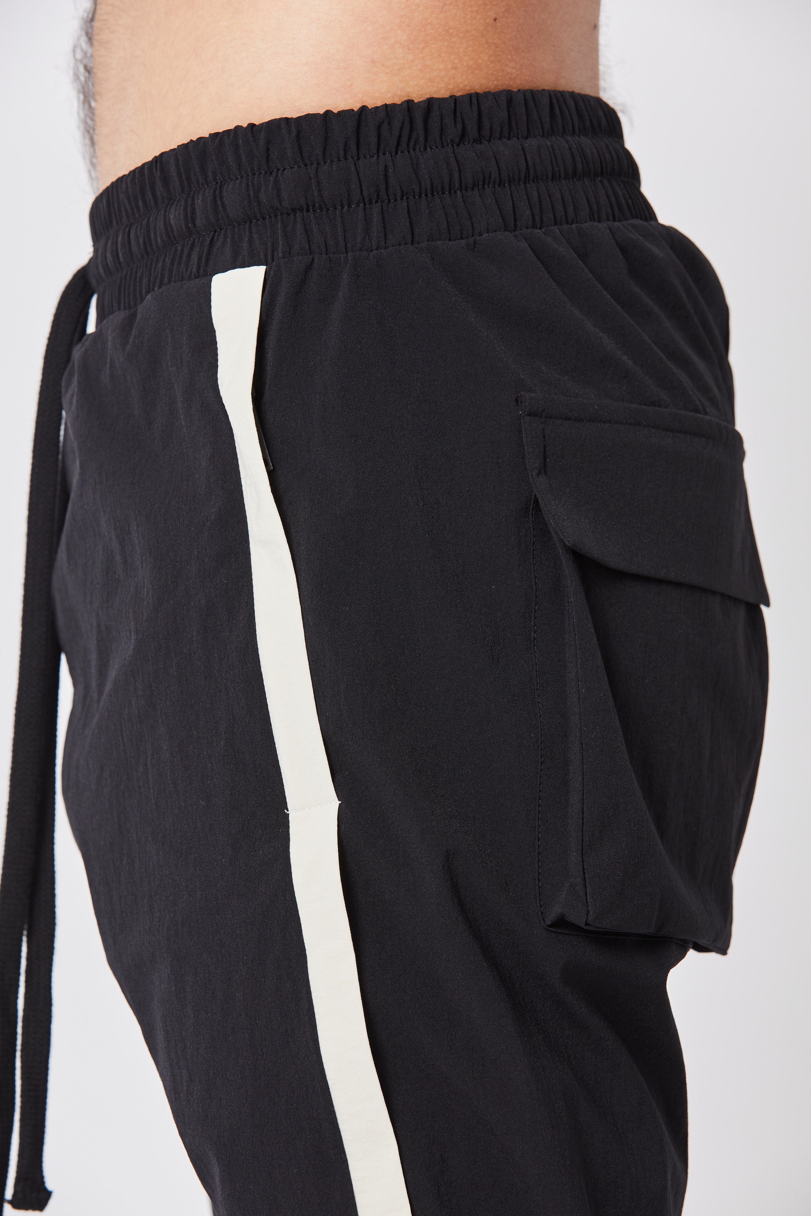 Black with Contrast Side Tape Stretch Nylon Drop Crotch Joggers