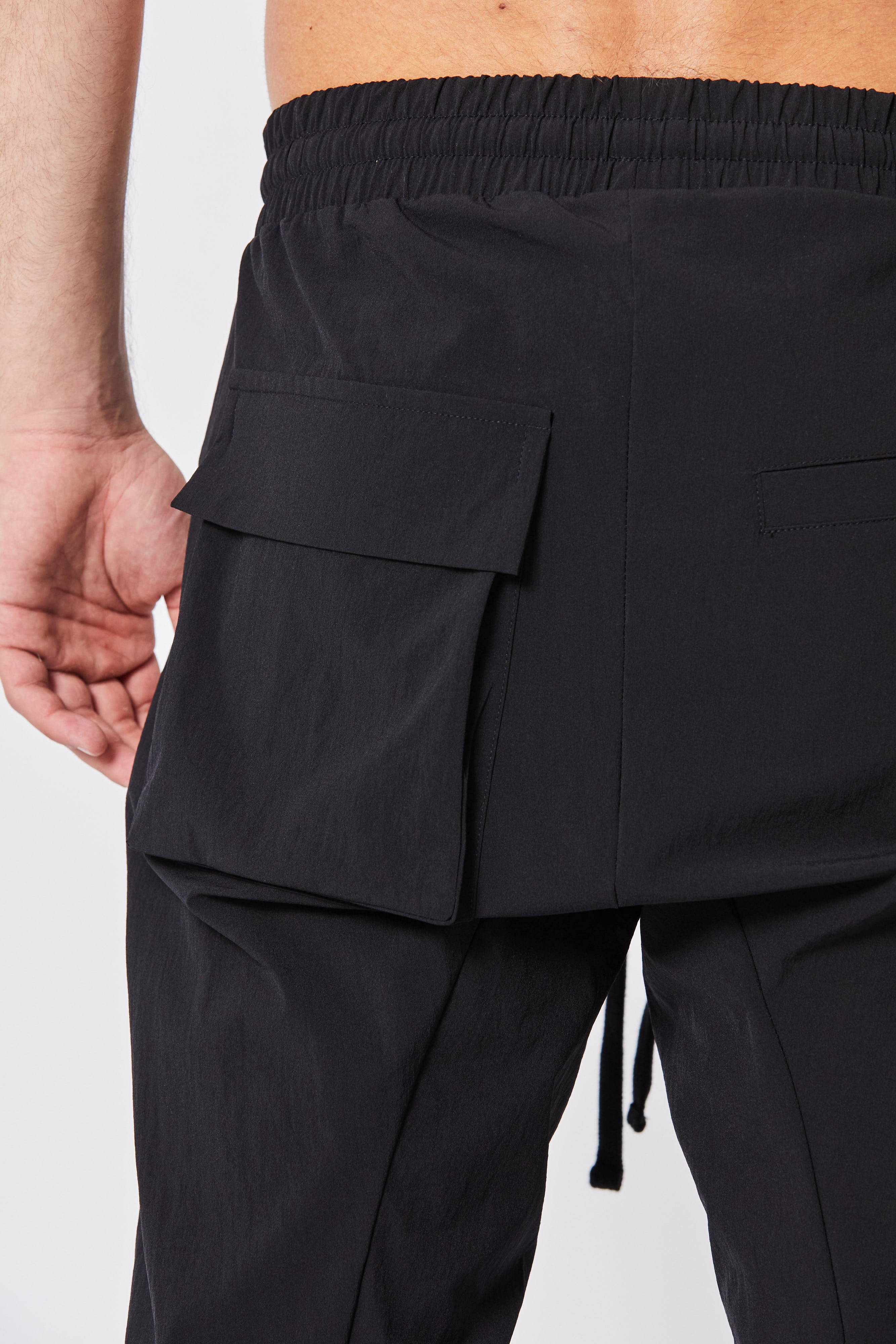 Black with Contrast Side Tape Stretch Nylon Drop Crotch Joggers