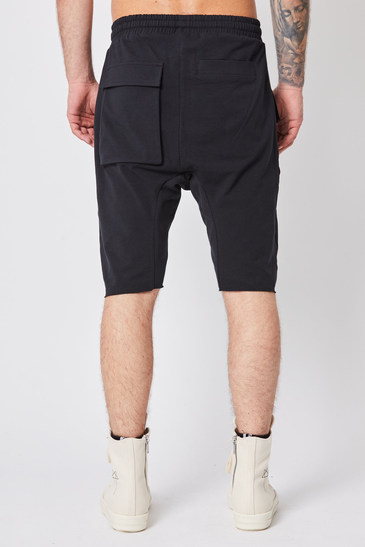 Black Stretch Cotton Modal Drop Crotch Shorts MST 379