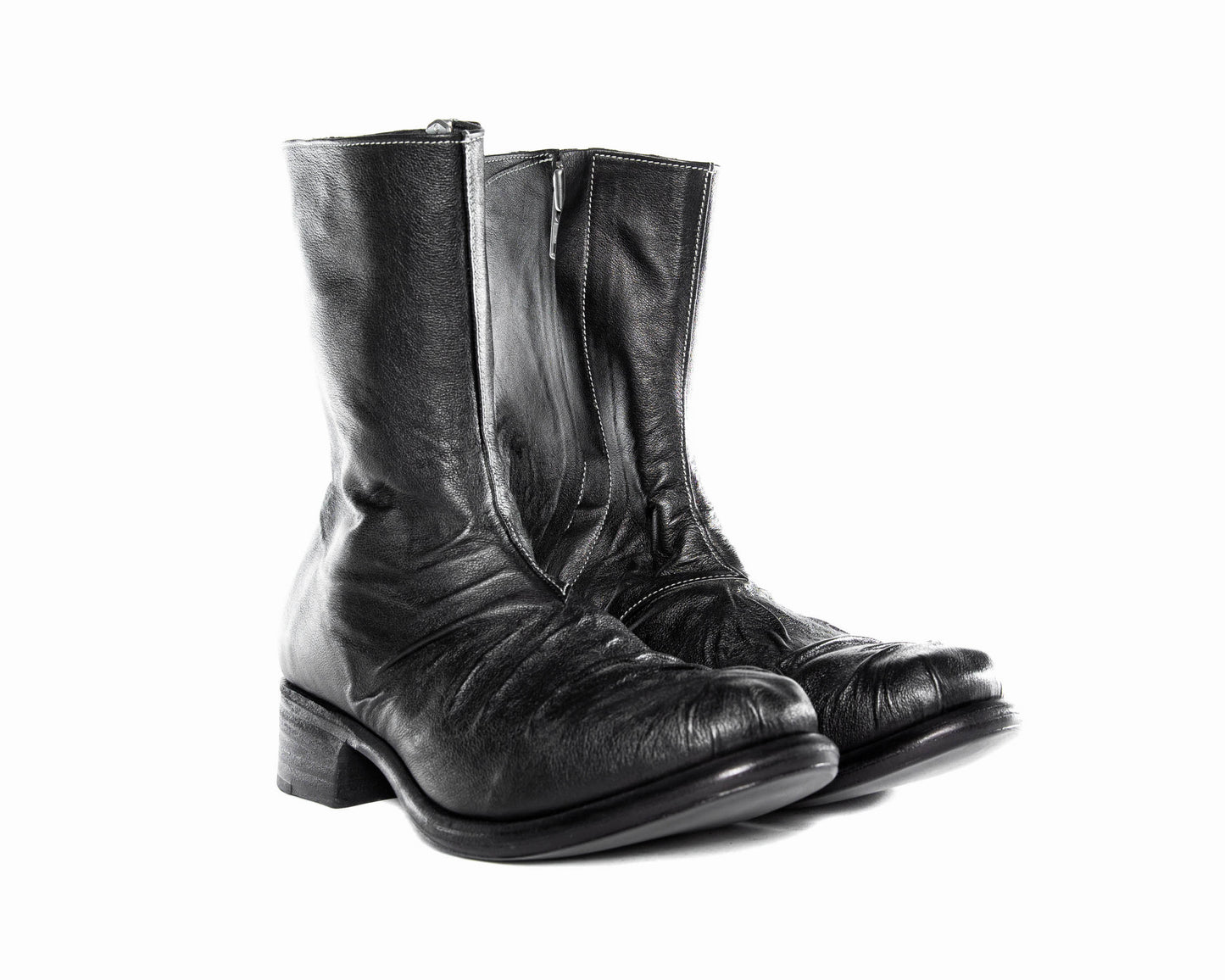 Black Wrinkle Creases Calf Leather Side Zipper CONSERVATIVE Boots by SODERBERG