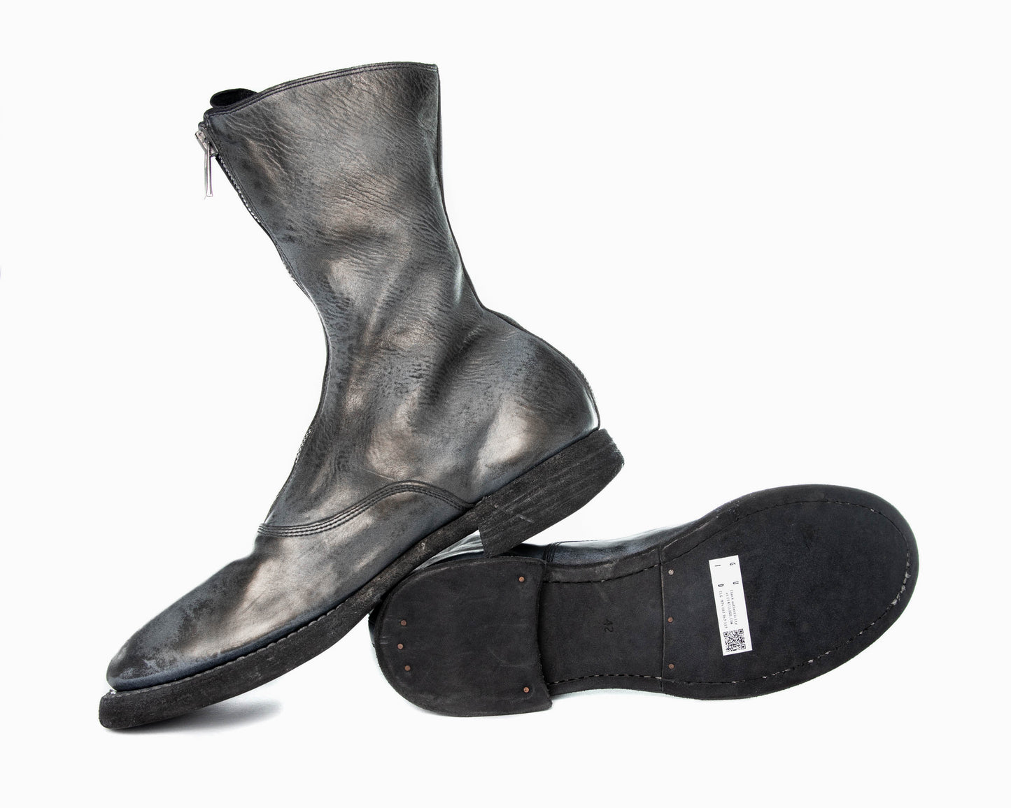 Silver Grey Mottled Paint Over Black Soft Horse Leather New Army  Double Sole Boots 310WZ_SDD