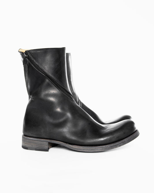 Black Front Spiral Zipper Calf Leather Boots